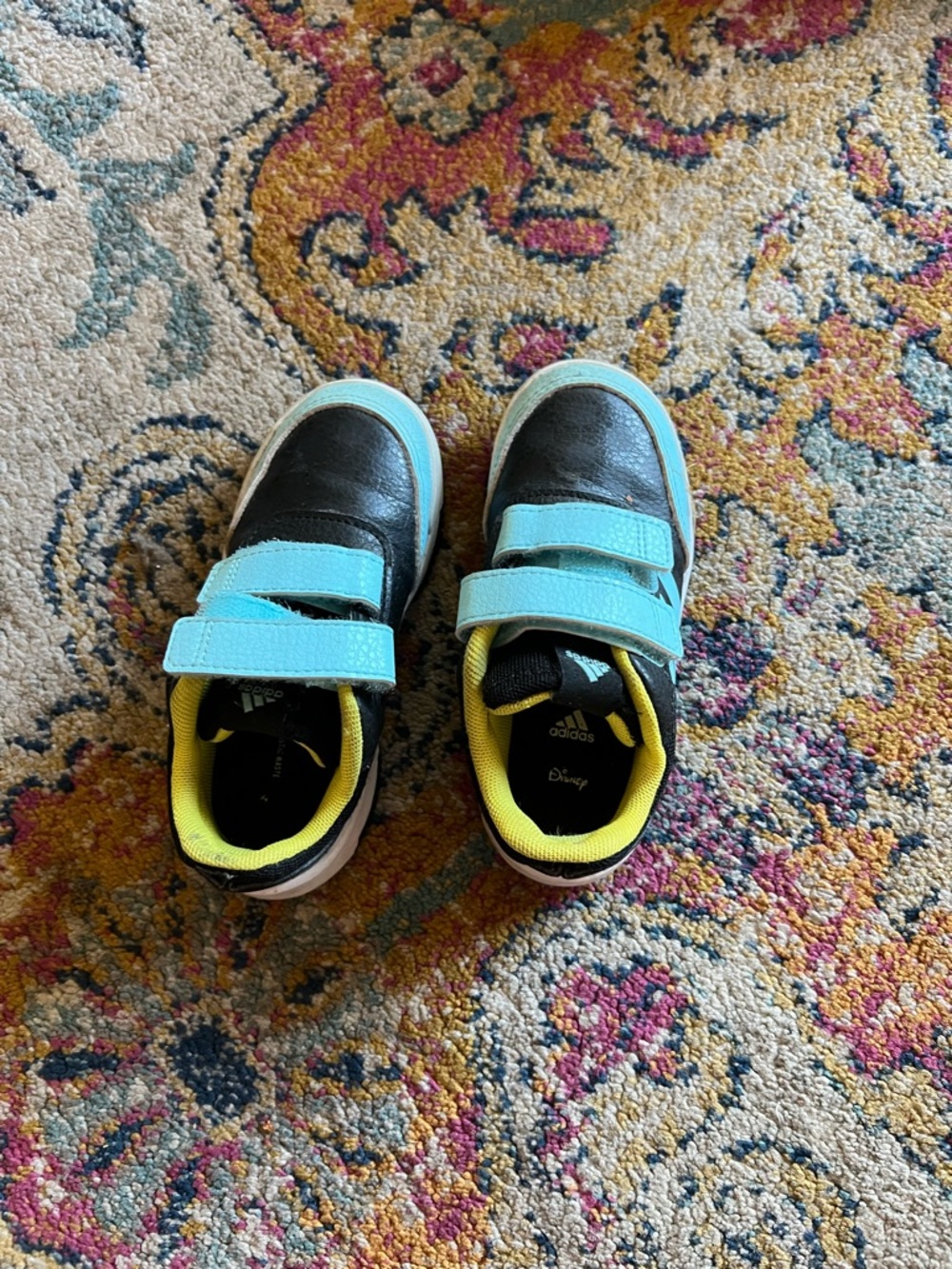 adidas Kids Black and Light Blue Velcro Sneakers with Yellow Lining